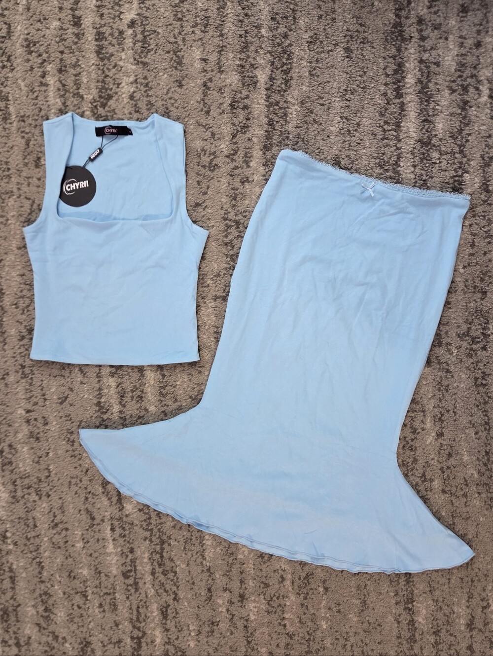 Chyrii Two Piece Set Square Neck Tank Top Mermaid Body Con Skirt Baby Blue Small